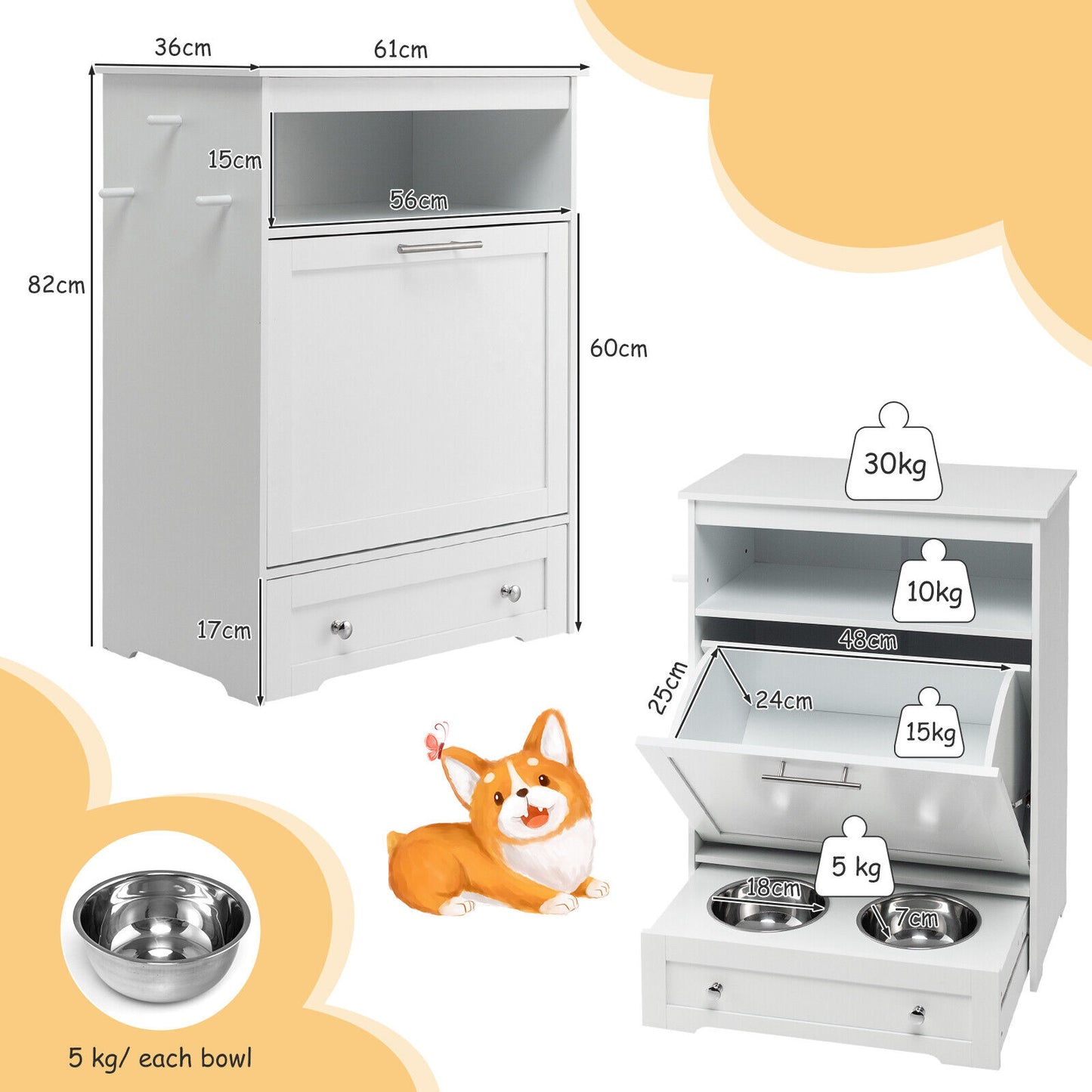 Tippling-Door Pet Feeder Cabinet with Stainless Steel Bowl and Hanging Hook-WHite