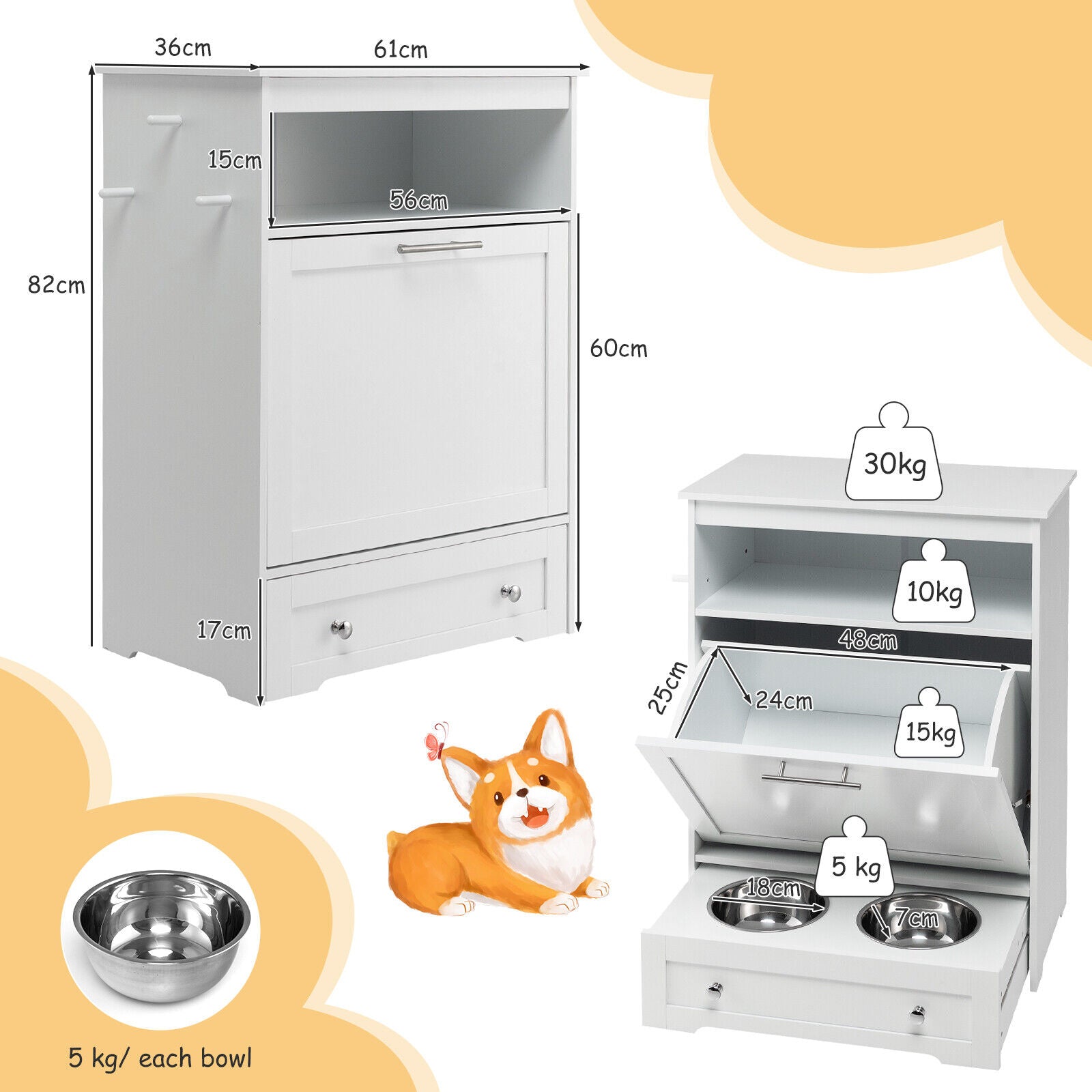 Tippling-Door Pet Feeder Cabinet with Stainless Steel Bowl and Hanging Hook-WHite