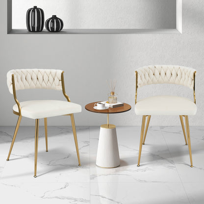 Set of 2 Velvet Dining Chair with Metal Legs and Woven Back-White