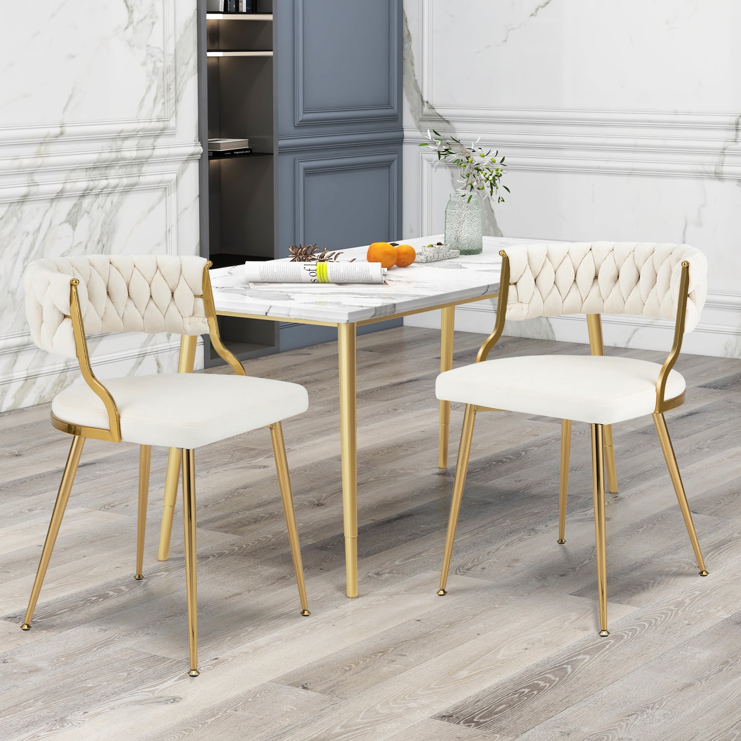 Set of 2 Velvet Dining Chair with Metal Legs and Woven Back-White
