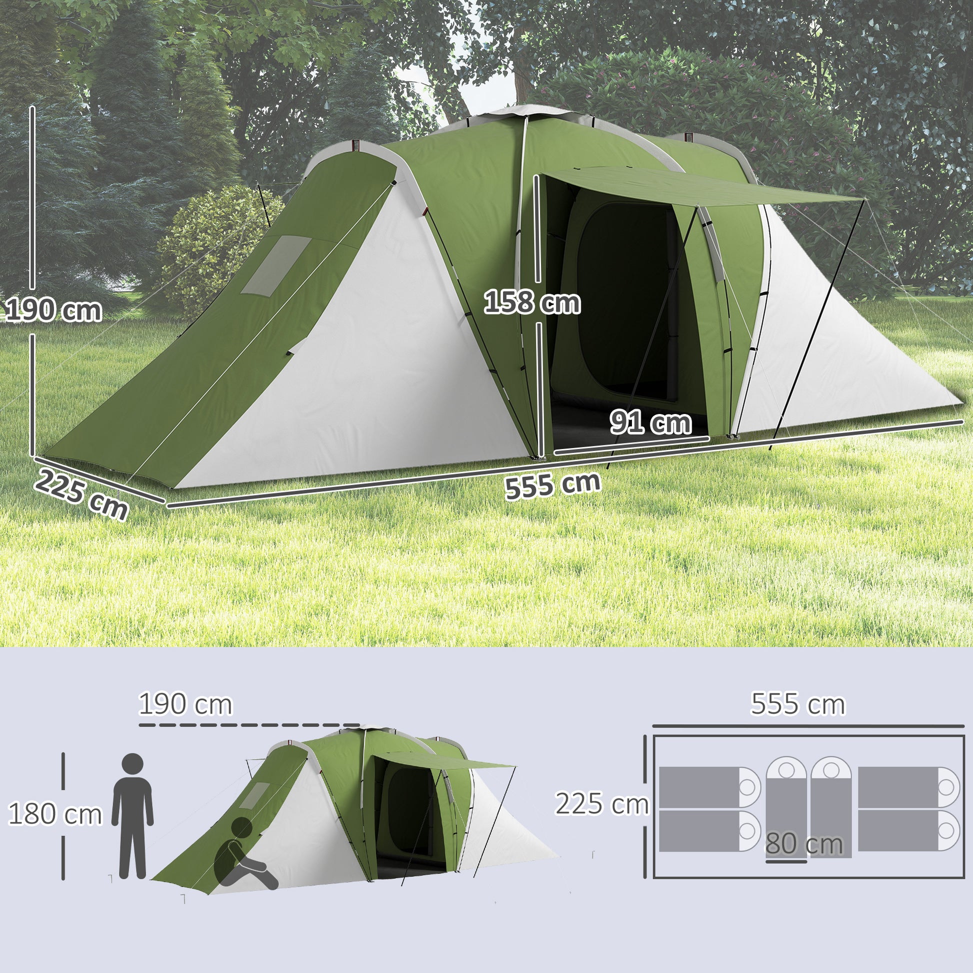 Outsunny Large Camping Tent Tunnel Tent with 2 Bedroom and Living Area, 2000mm Waterproof, Portable with Bag for 4-6 Man, Green