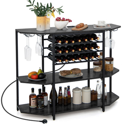 Wine Bar Cabinet 3-Tier Wine Rack with Shelves and Glass Holders-Grey