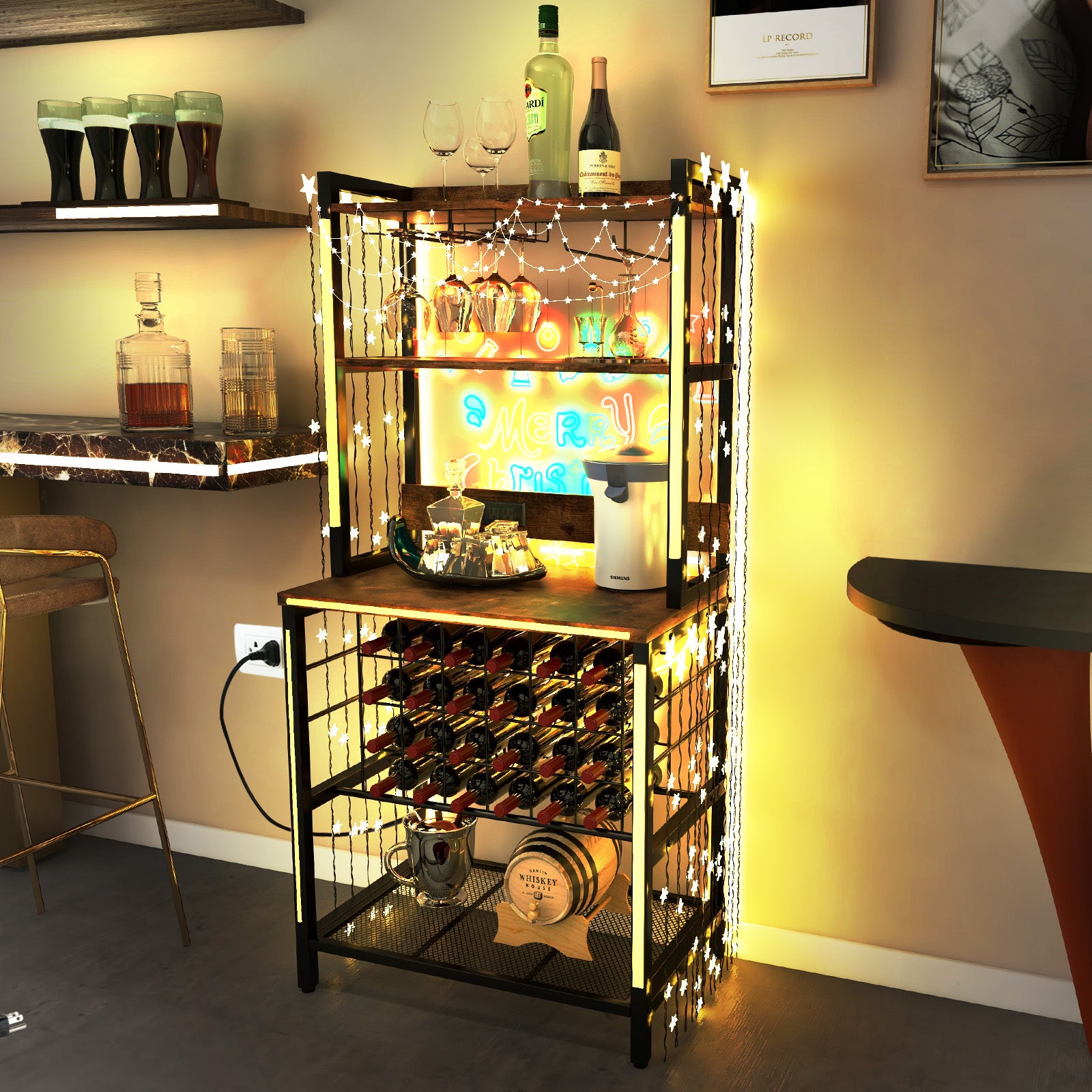 Wine Bar Cabinet Industrial 4 Tier with Glass Holders-Brown
