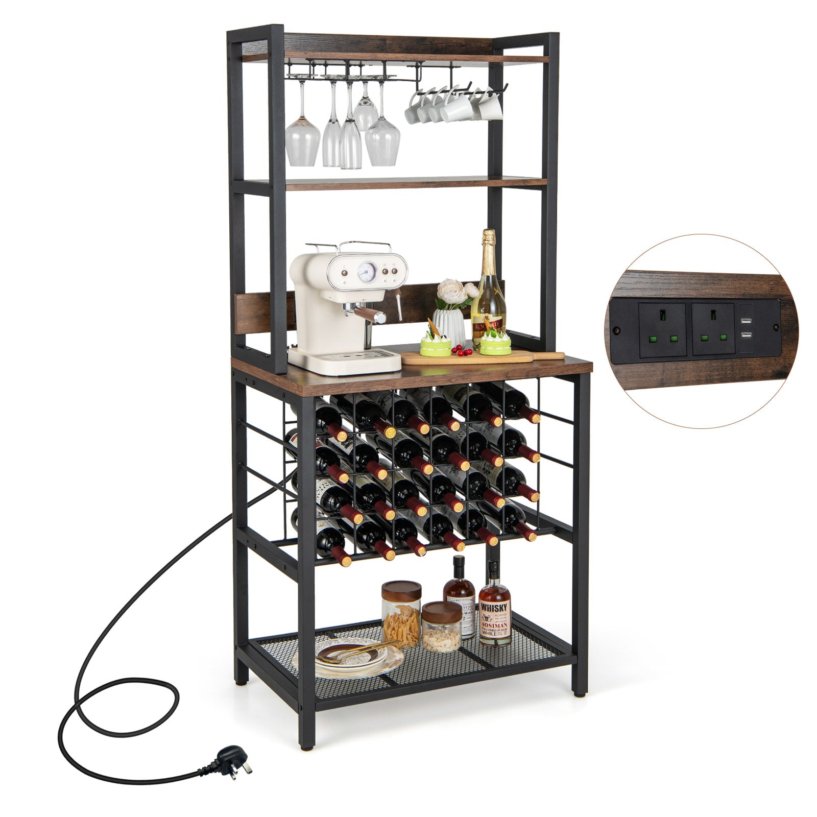 Wine Bar Cabinet Industrial 4 Tier with Glass Holders-Brown