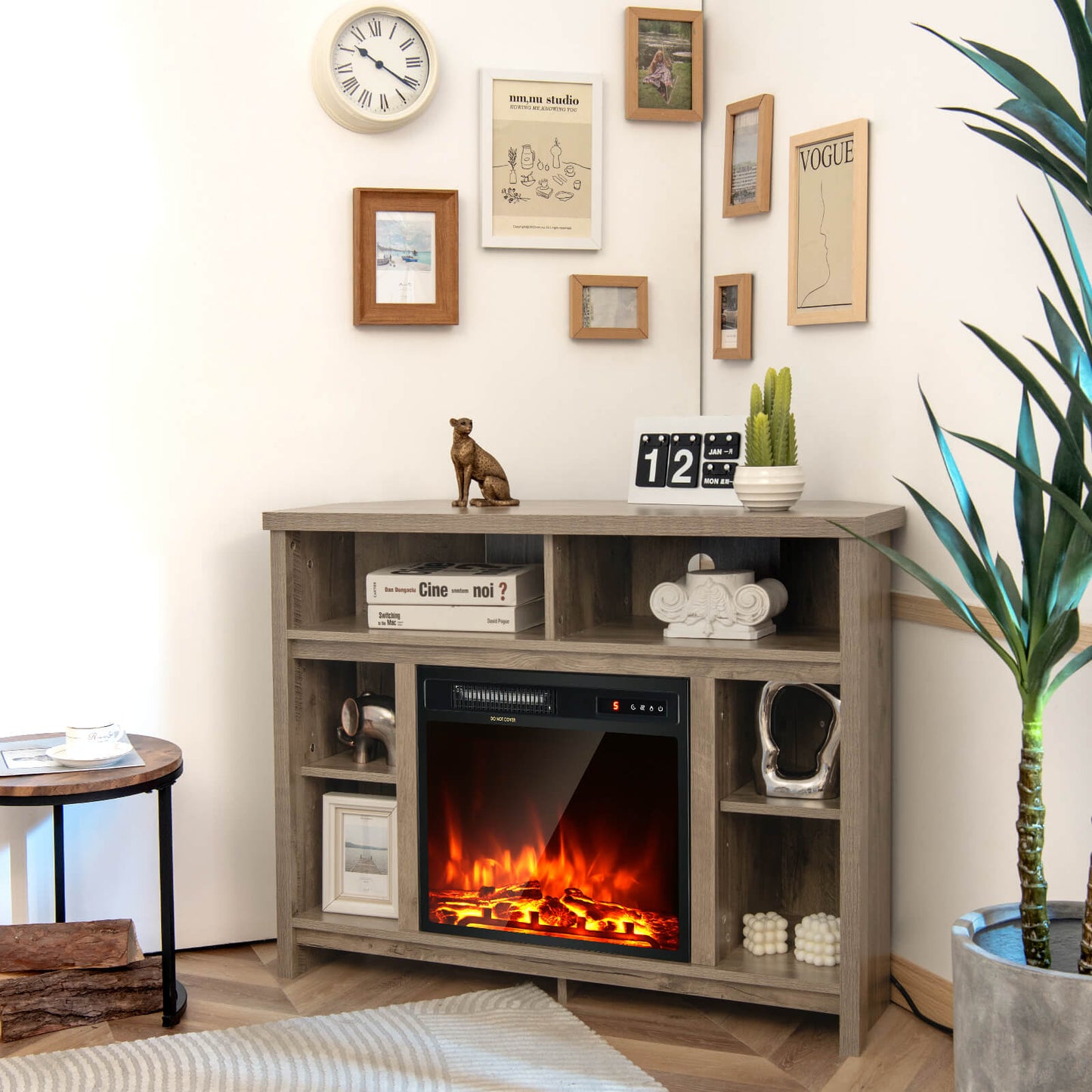 Wood Corner Universal TV Stand with Storage Cabinets and Adjustable Shelves-Natural