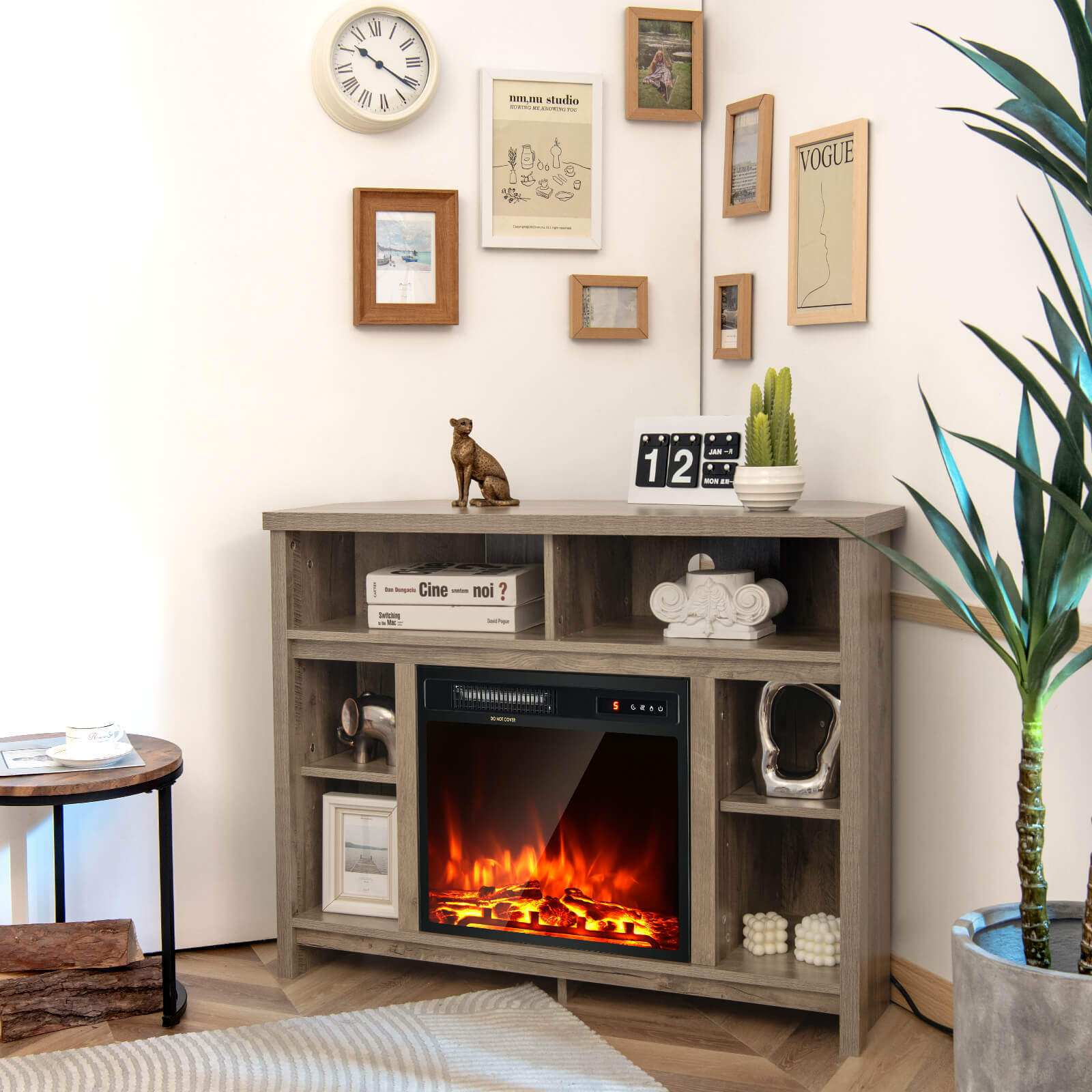 Wood Corner Universal TV Stand with Storage Cabinets and Adjustable Shelves-Natural