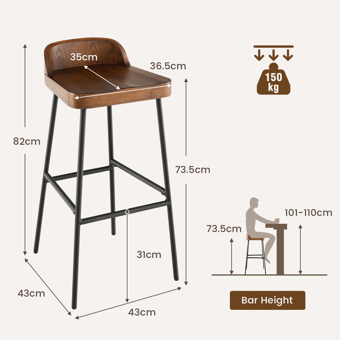 Wooden Bar Stool set of 2 with Chic Low Back and Metal Legs-Brown