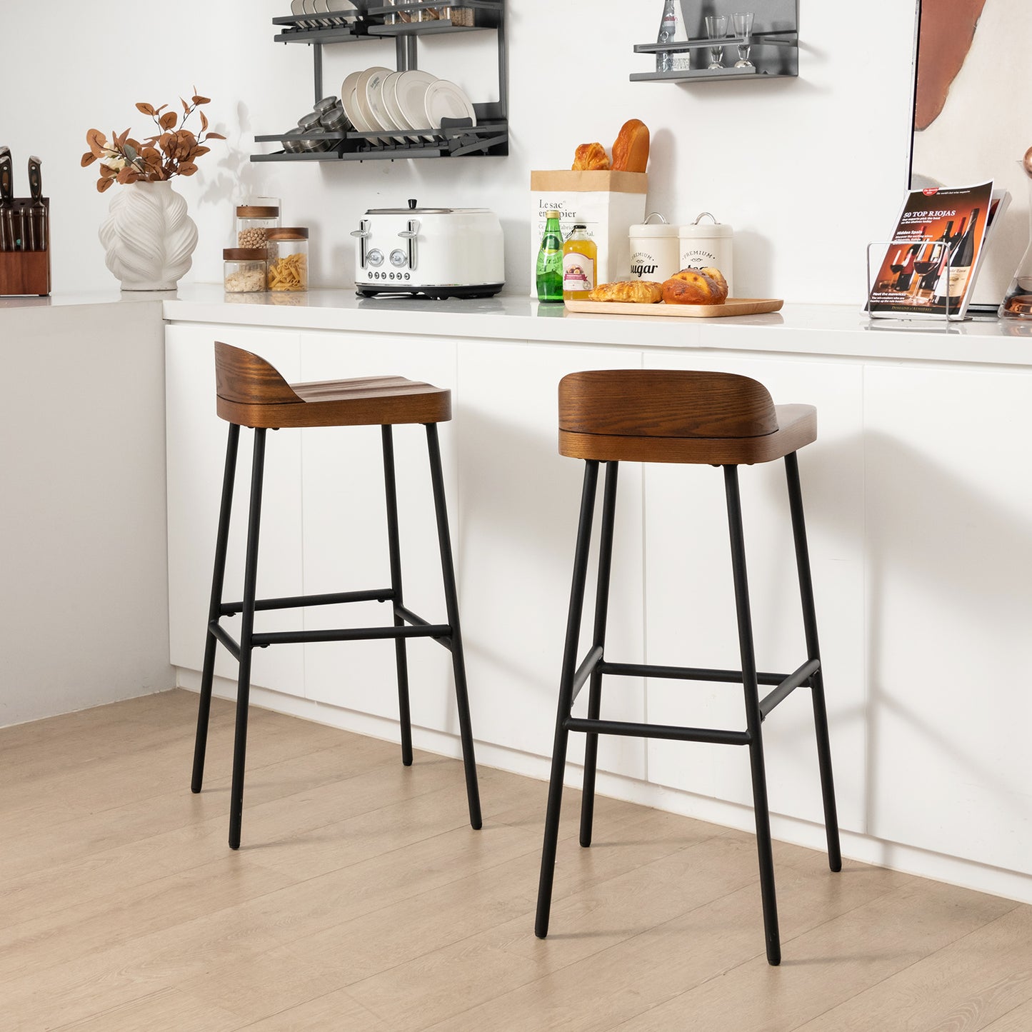Wooden Bar Stool with Chic Low Back and Metal Legs-Walnut