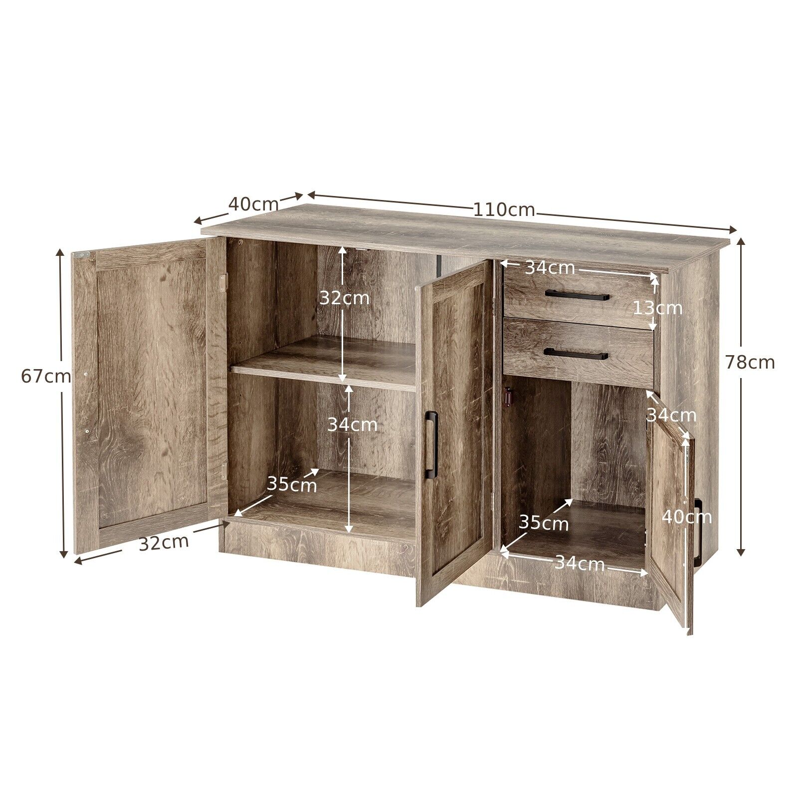 Multifunctional Kitchen Buffet Cabinet with 2 Drawers and 3 Doors
