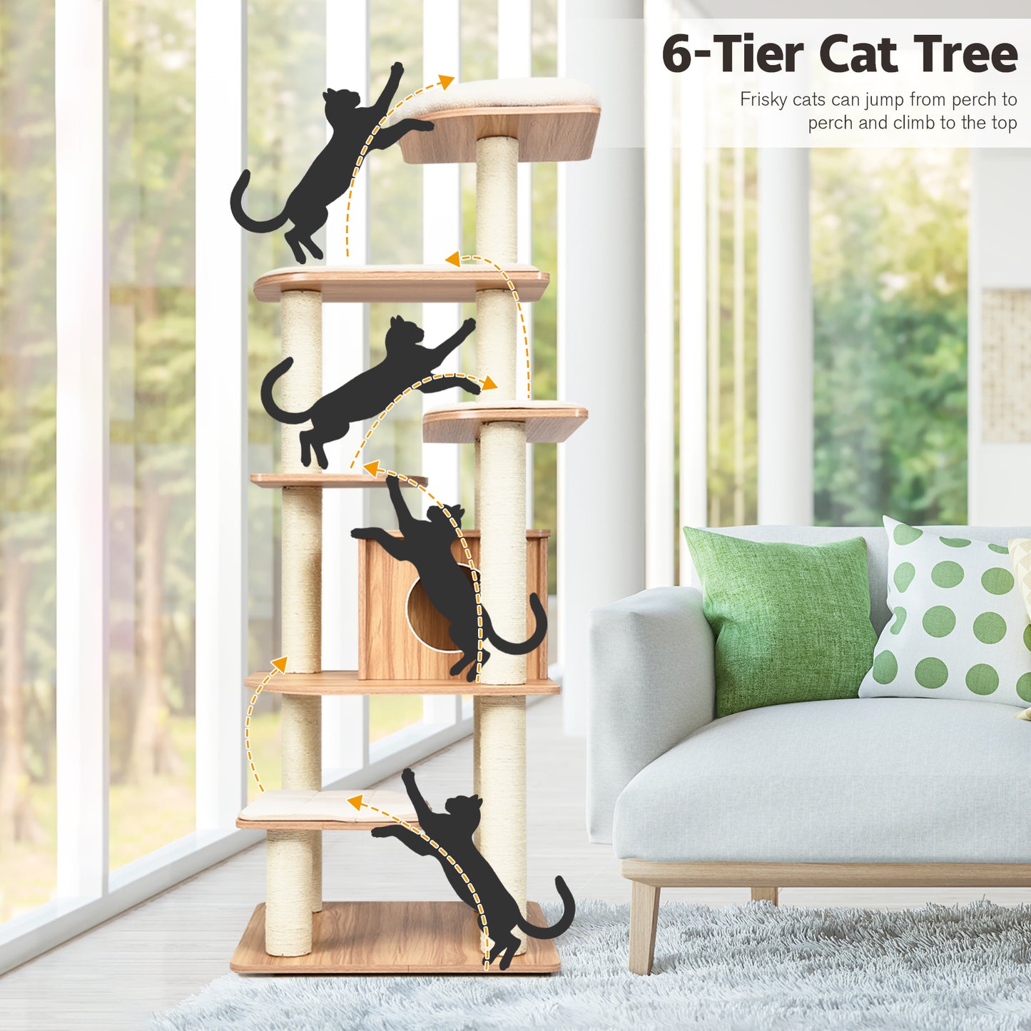 176 CM Wooden Cat Tree with Condo and Free Cushions