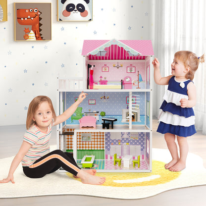 Wooden Dollhouse with Working Elevator and Rotatable Staircase-Pink
