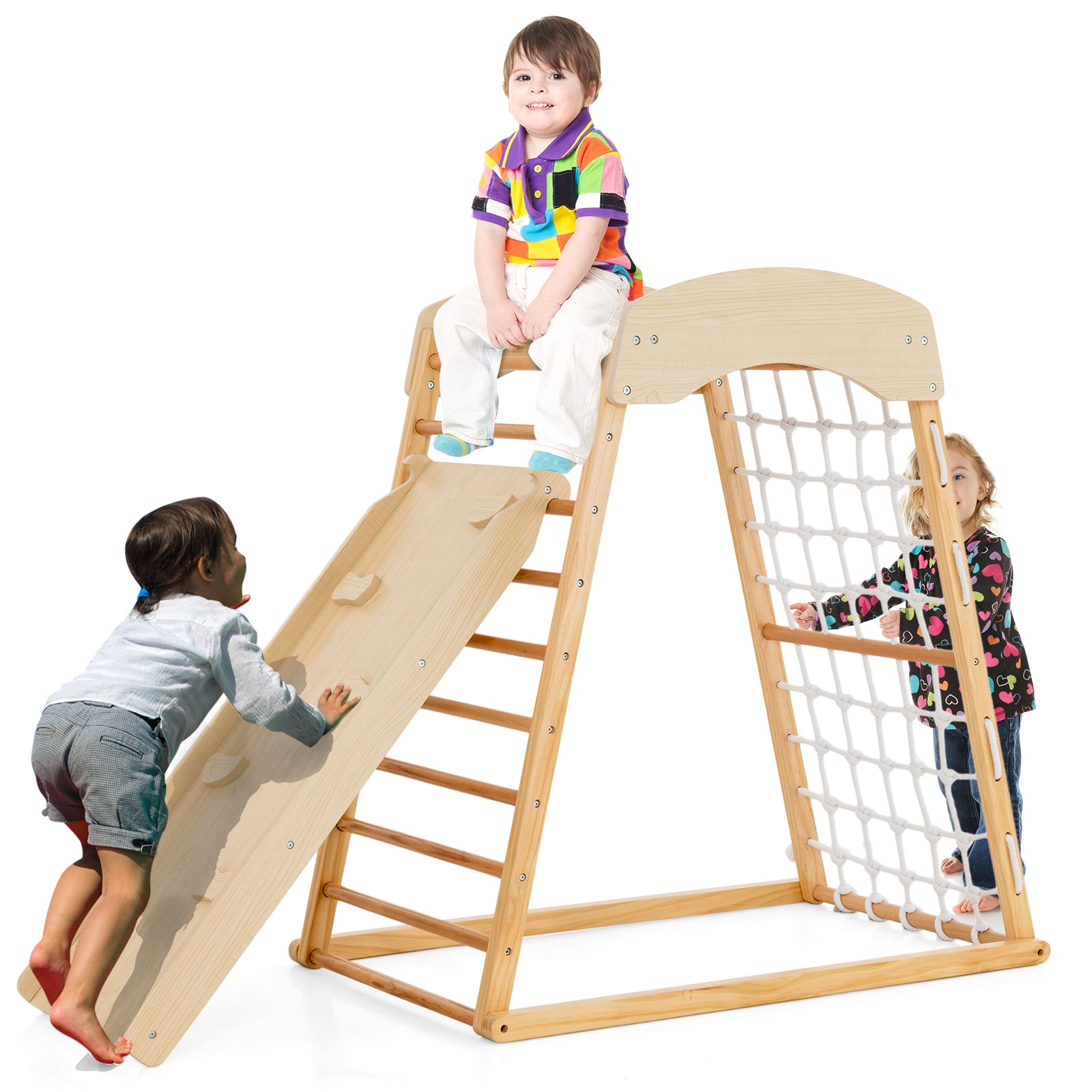 6-in-1 Jungle Gym Wooden Indoor Playground with Double-sided Ramp-Natural