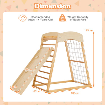 6-in-1 Jungle Gym Wooden Indoor Playground with Double-sided Ramp-Natural