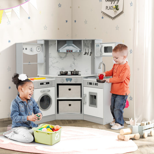 Wooden Kids Play Kitchen Corner with Lights and Water Circulation System-Grey