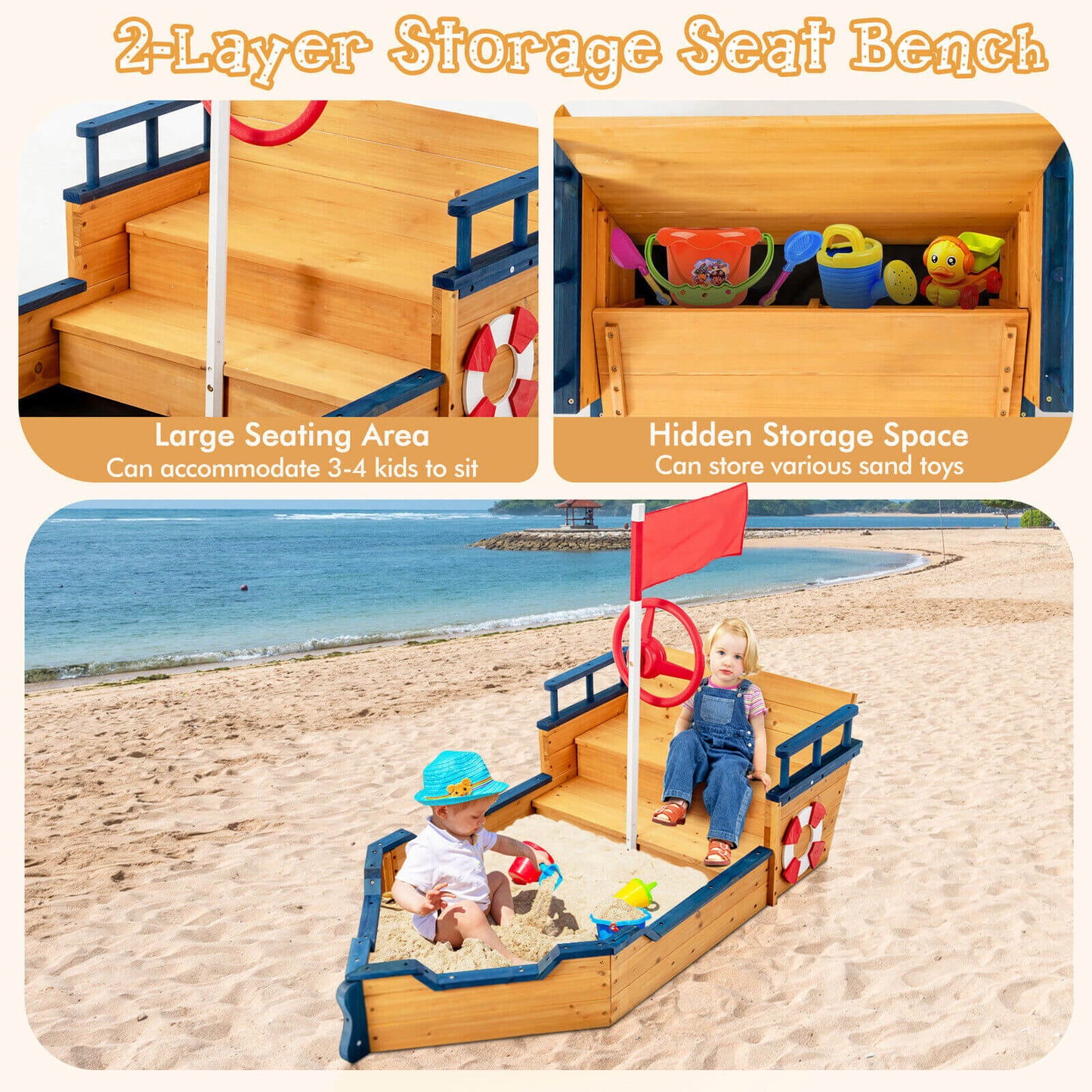 Wooden Pirate Sandboat with Bench Seat and Flag