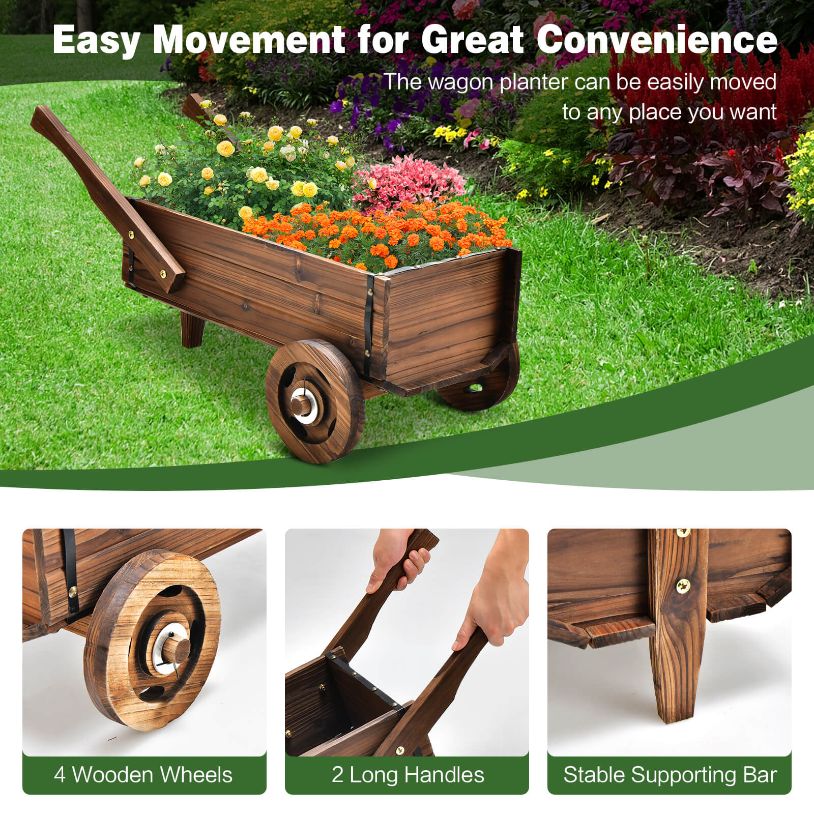 Wooden Wagon Planter Box with Wheels and Drainage Hole-Rustic Brown
