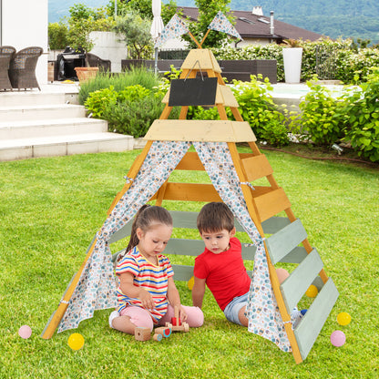 Wooden Play Tent Kids Teepee Tent with Door Curtains for Children 3-8 Years Old