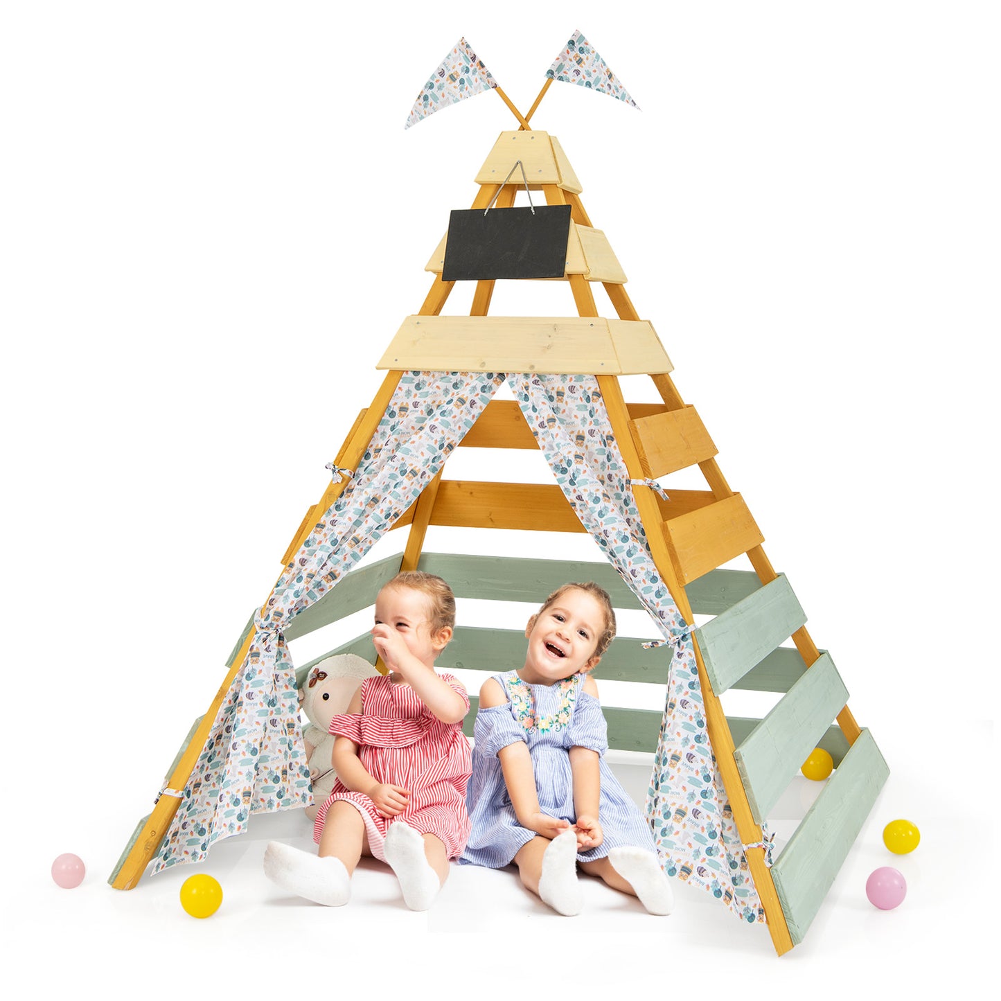 Wooden Play Tent Kids Teepee Tent with Door Curtains for Children 3-8 Years Old