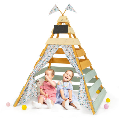Wooden Play Tent Kids Teepee Tent with Door Curtains for Children 3-8 Years Old