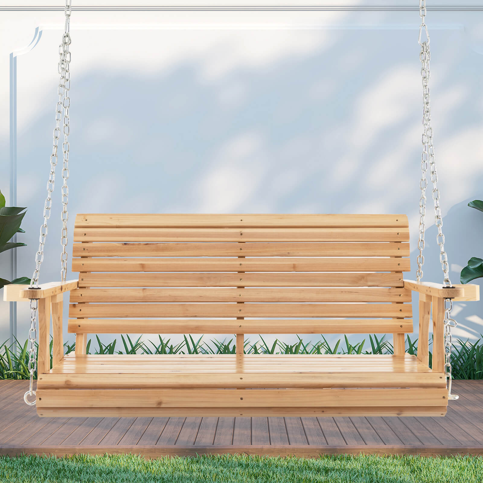 149cm Wooden Porch Swing with Cup Holders Outdoor Hanging Bench