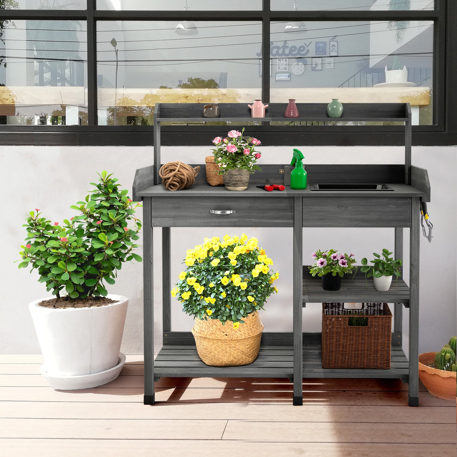 Wooden Potting Bench with Drawer Hooks and Dry Sink-Grey