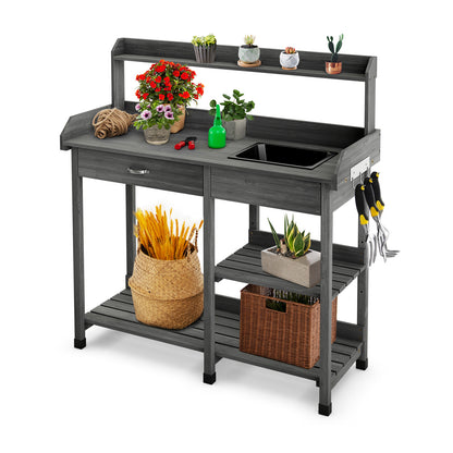 Wooden Potting Bench with Drawer Hooks and Dry Sink-Grey