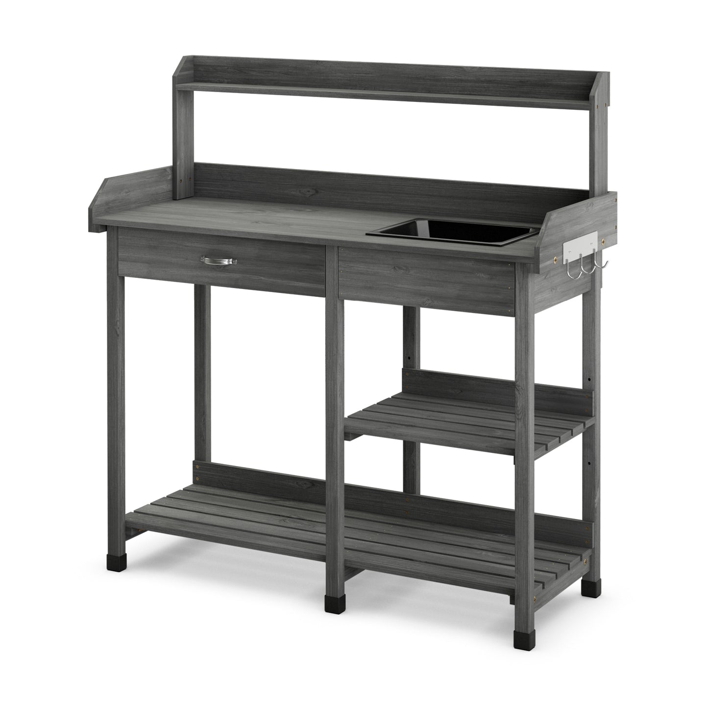 Wooden Potting Bench with Drawer Hooks and Dry Sink-Grey