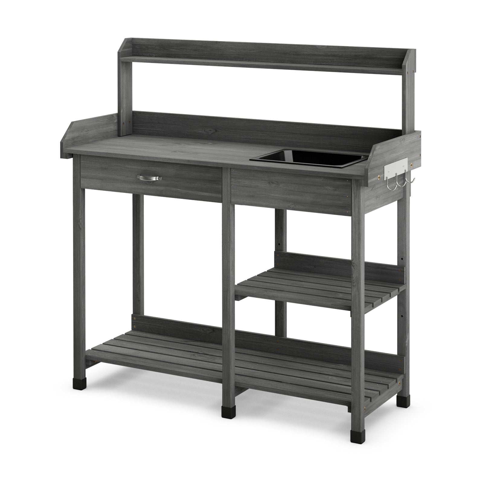 Wooden Potting Bench with Drawer Hooks and Dry Sink-Grey