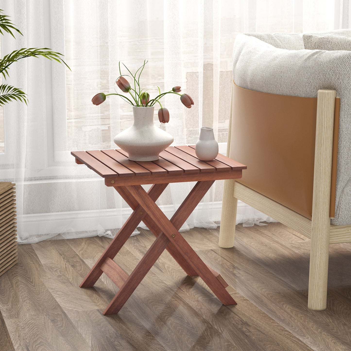 Wooden Side Table with Slatted Tabletop and Sturdy X-shaped Frame-A