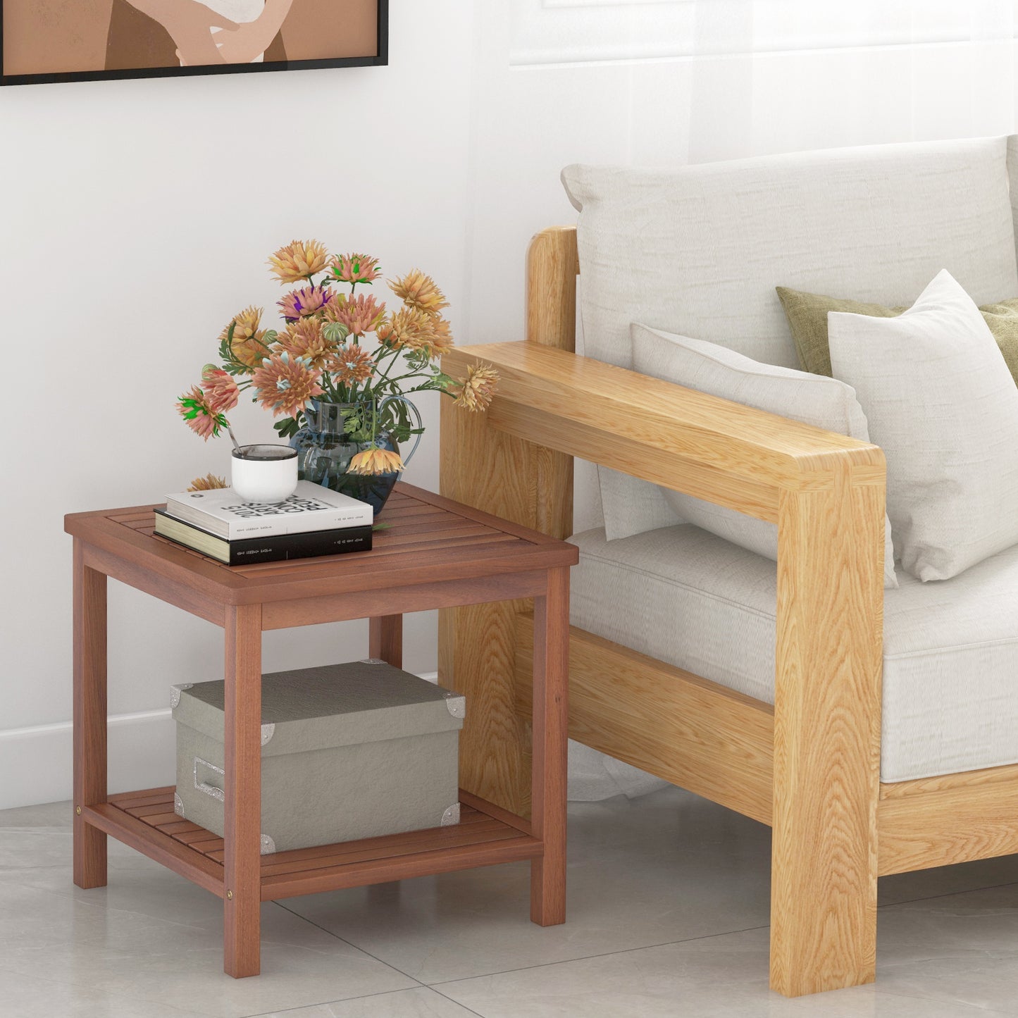 2-Tier Wooden Side Table with Slatted Tabletop