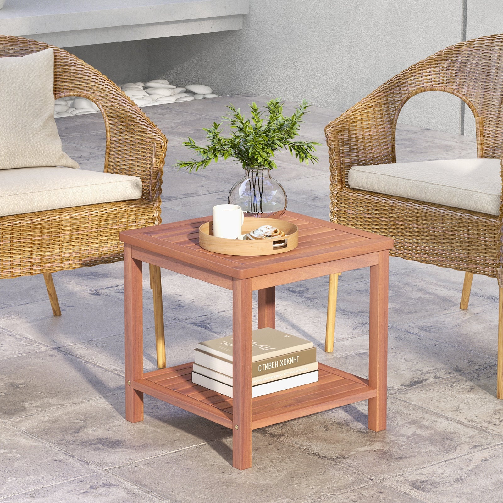 2-Tier Wooden Side Table with Slatted Tabletop