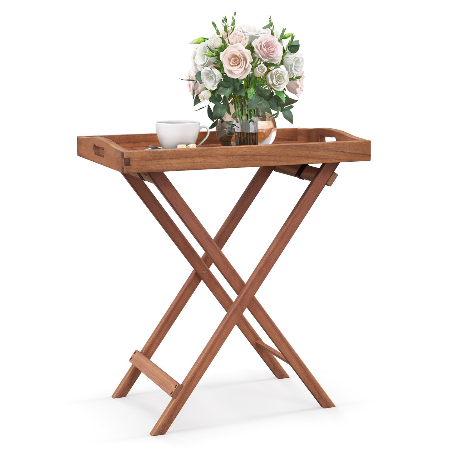Wooden Side Table with Slatted Tabletop and Sturdy X-shaped Frame-C