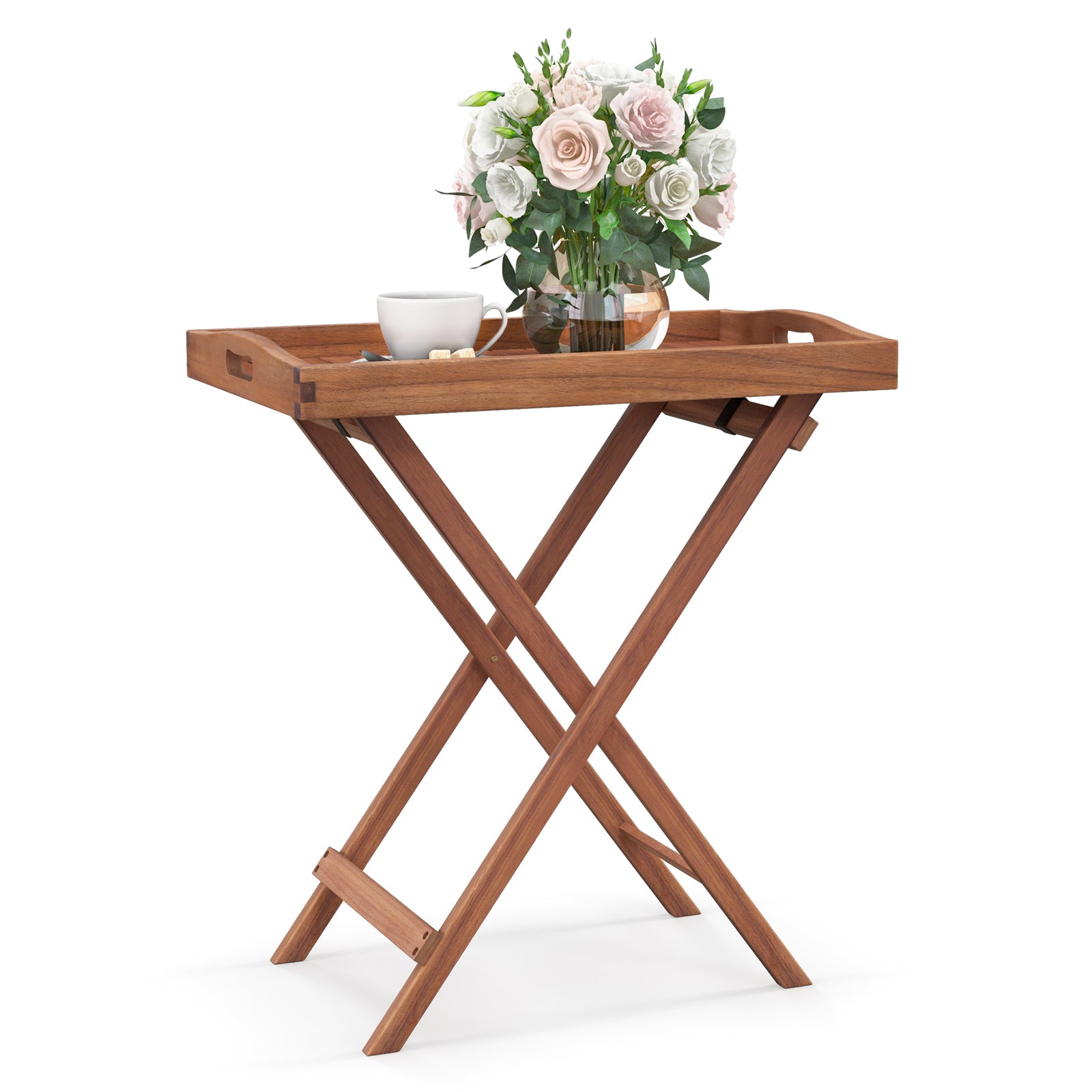 Wooden Side Table with Slatted Tabletop and Sturdy X-shaped Frame-C