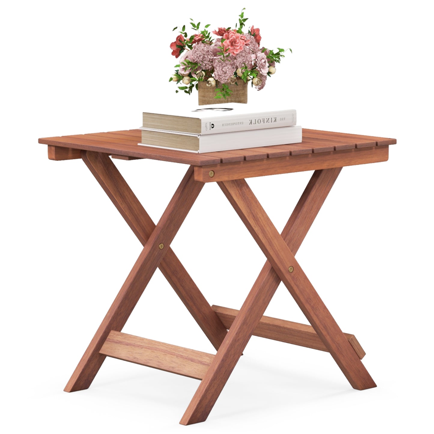 Wooden Side Table with Slatted Tabletop and Sturdy X-shaped Frame-A