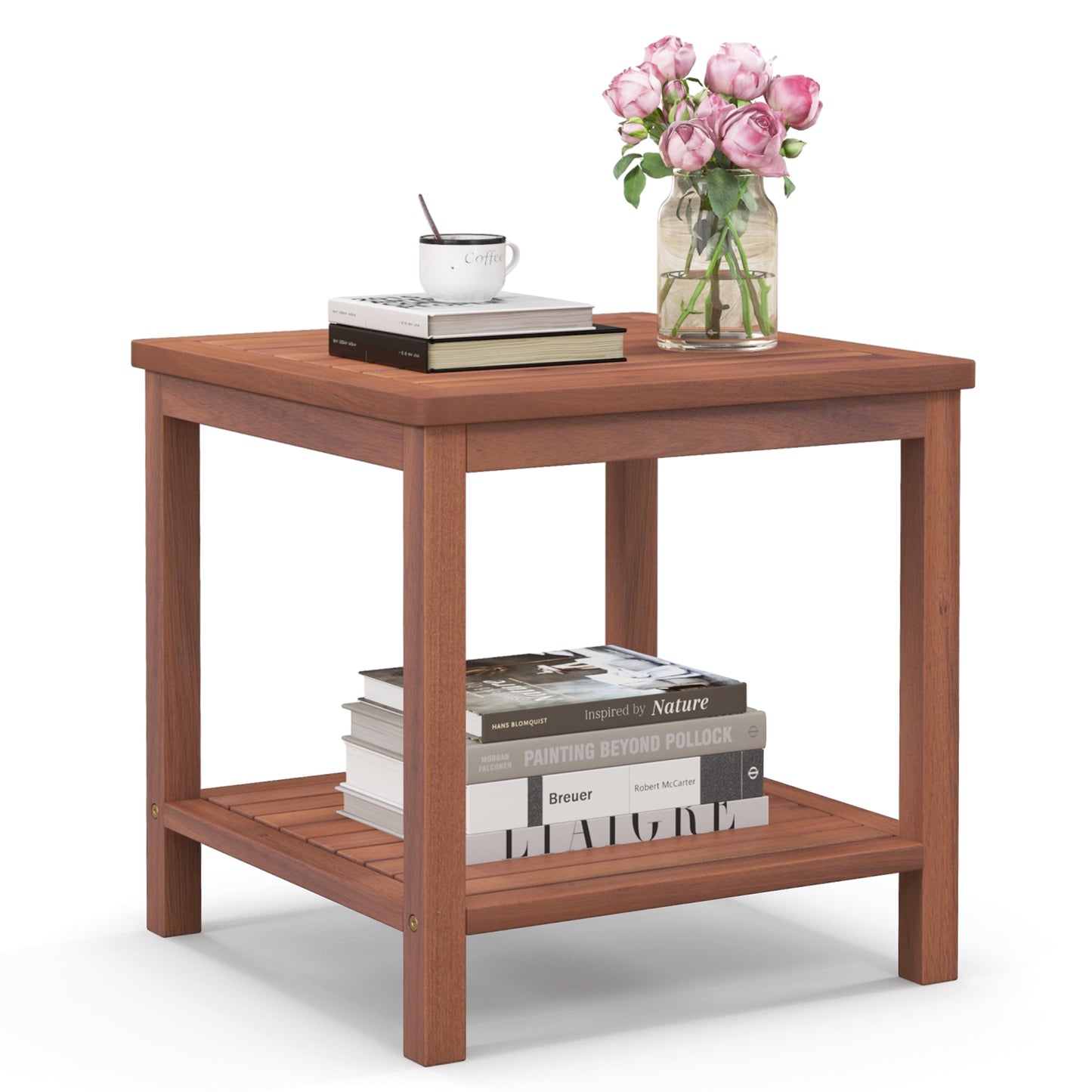 2-Tier Wooden Side Table with Slatted Tabletop