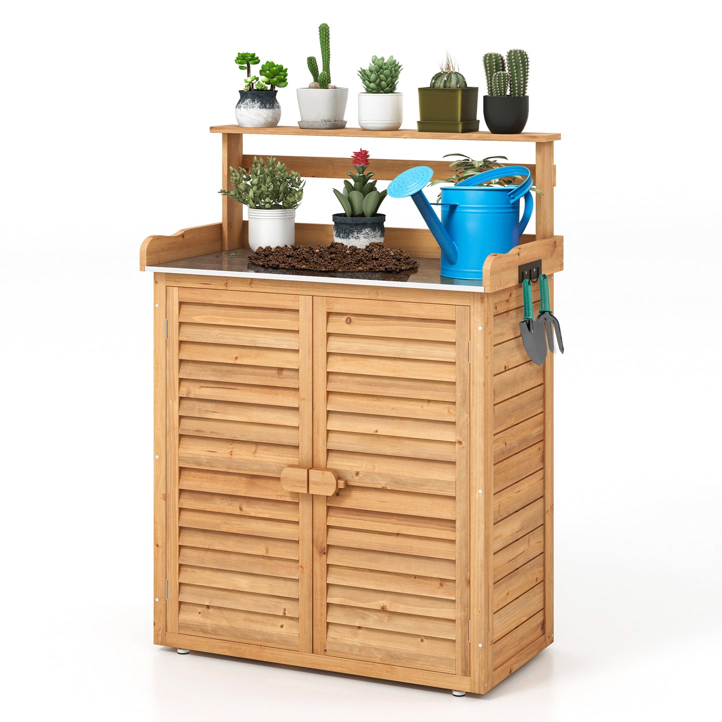 Wooden Storage Cabinet with Galvanized Metal Countertop-Natural