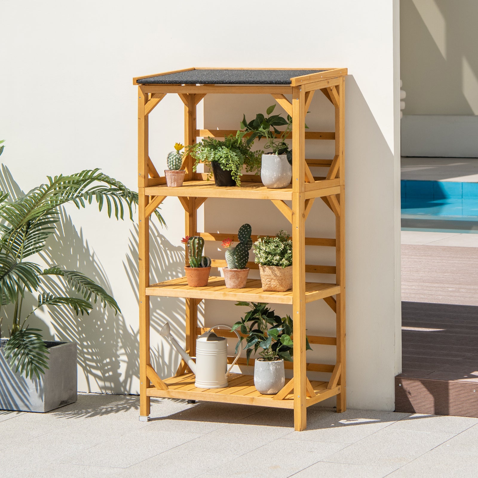 137CM 3-Tier Garden Plant Stand with Weatherproof Asphalt Roof-Natrual