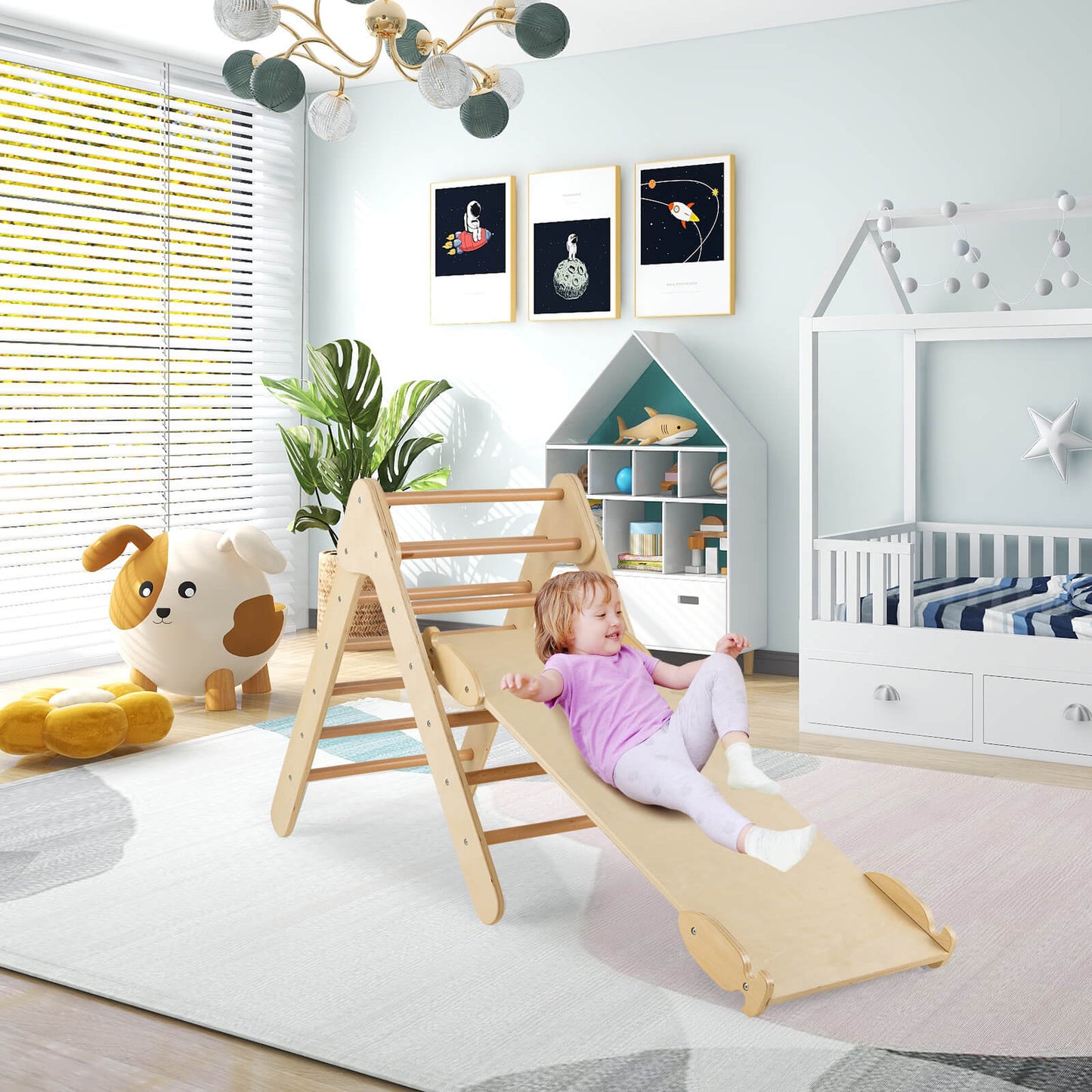 Wooden Triangle Climbing Ladder Set with 2-in-1 Reversible Ramp-Natural