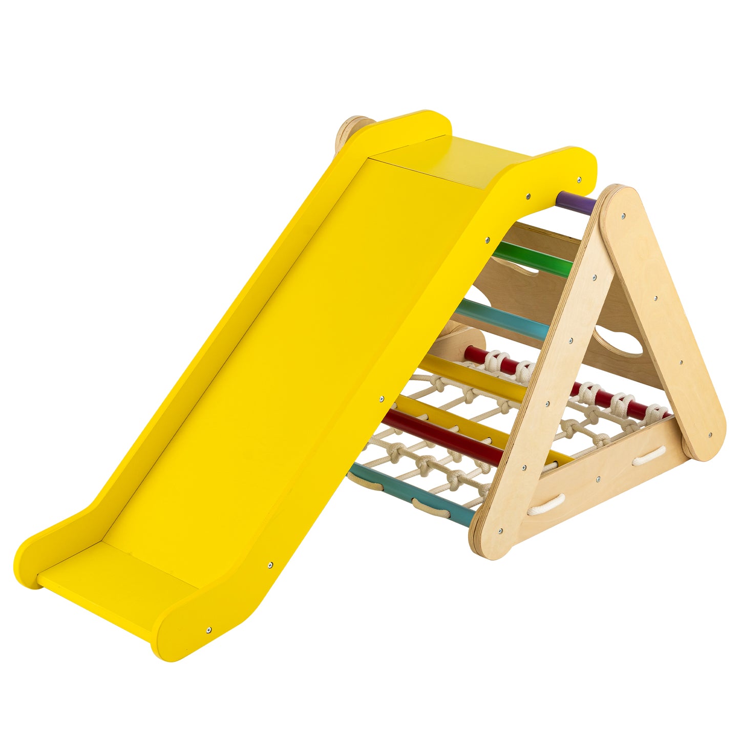 4-in-1 Wooden Triangle Climbing Set with Ramp Sliding Board-Colourful