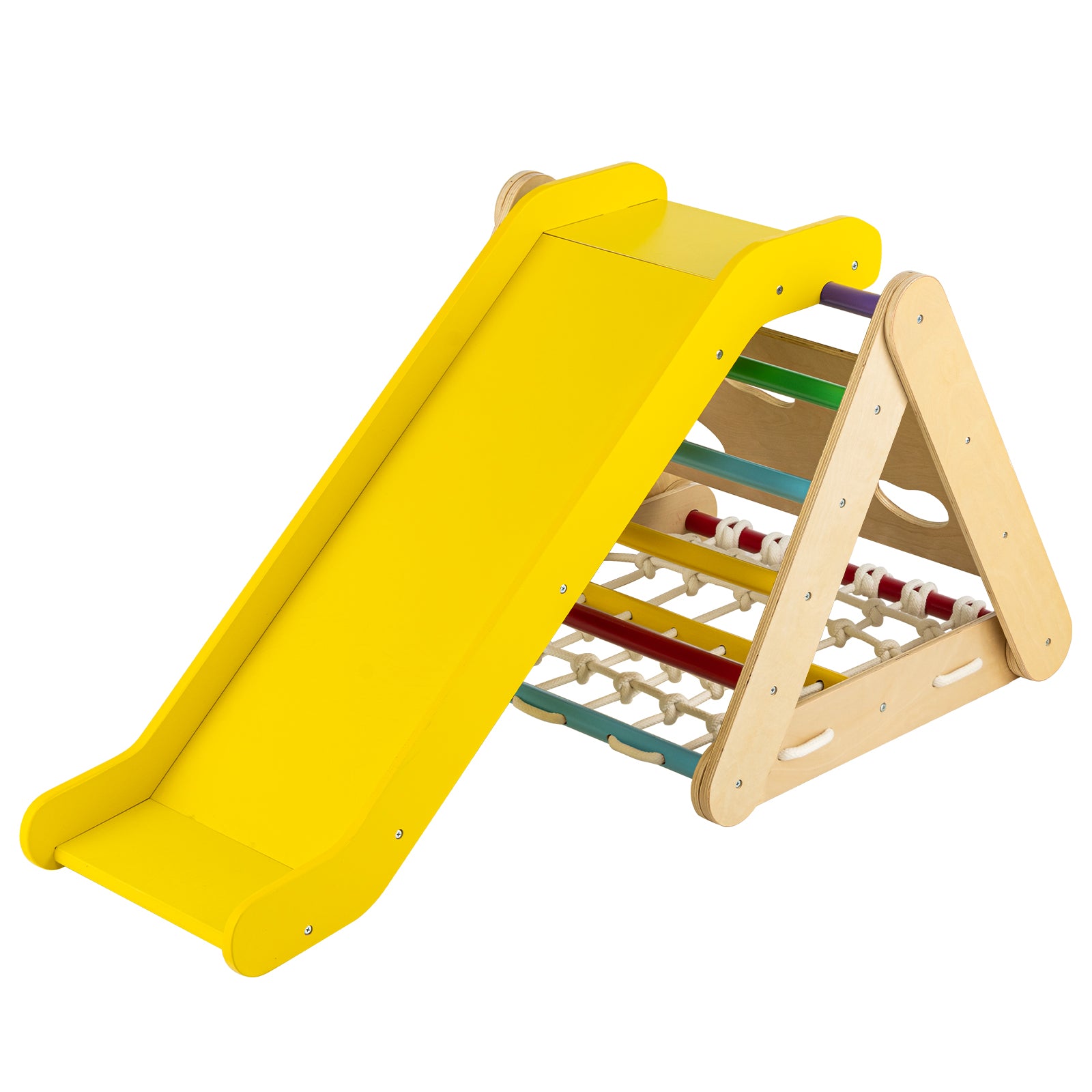 4-in-1 Wooden Triangle Climbing Set with Ramp Sliding Board-Colourful