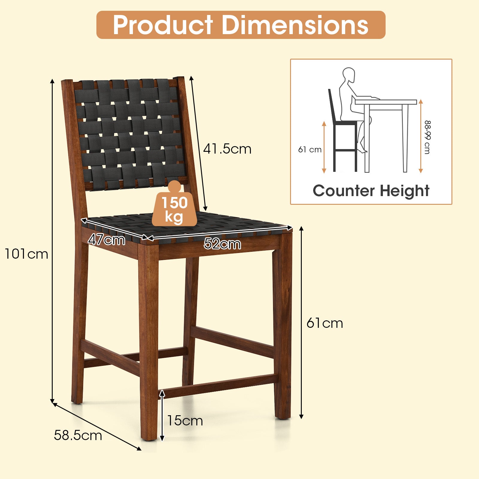 Woven Bar Stools Set of 2 with Faux PU Leather Straps-Black &amp; Brown