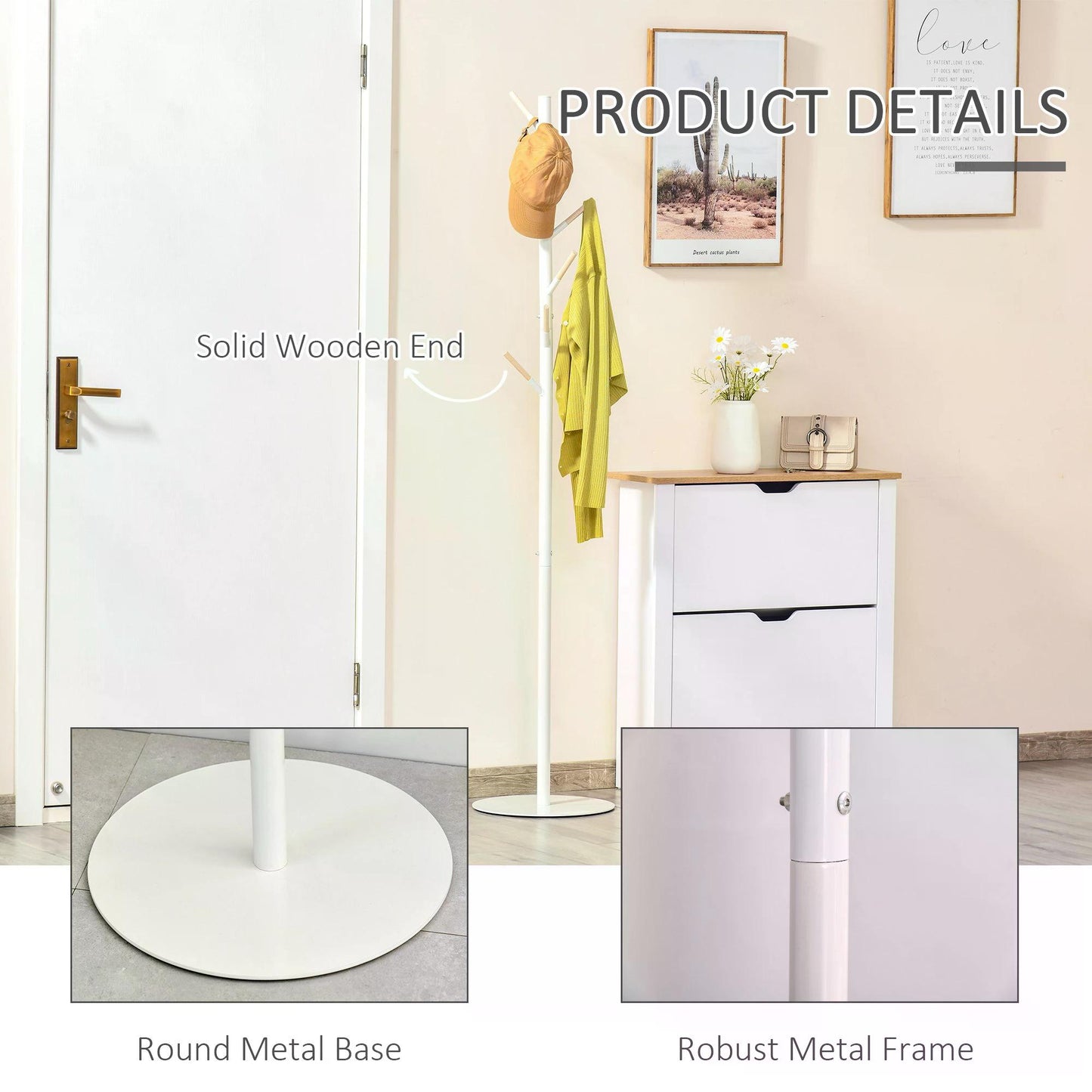 HOMCOM 174cm Free Standing Coat Rack Stand with 6 Hooks Clothes Tree Hat Display Hall Tree Hanger Hanging Organizer White