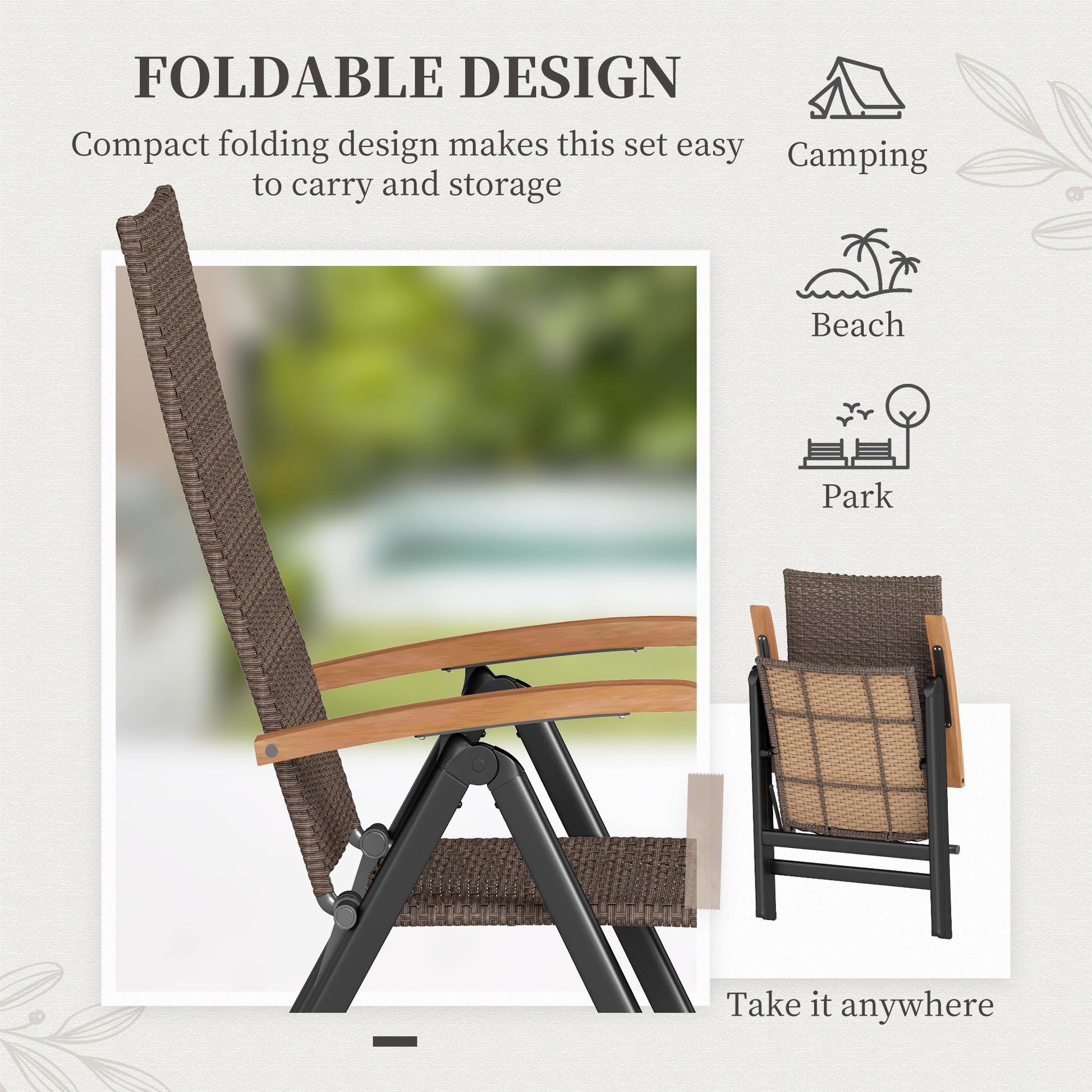 Outsunny Outdoor Folding Rattan Chair with Armrests, High Backrest, for Garden, Camping, Balcony, Porch - Brown