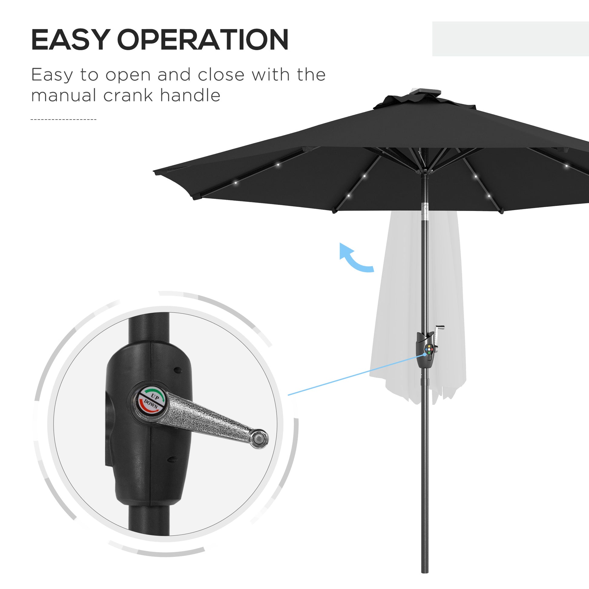 Outsunny ?2.7m Garden Parasol Solar Outdoor Tilt Sun Umbrella Patio Sun Shade w/ 24 LED Light, Hand Crank and 8 Ribs, Black