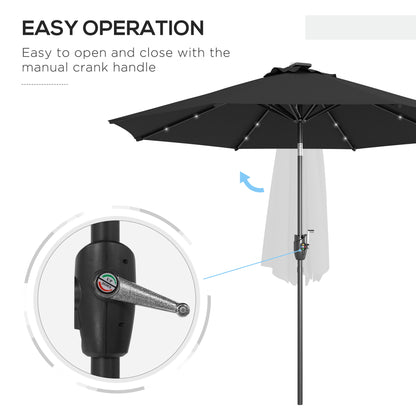 Outsunny ?2.7m Garden Parasol Solar Outdoor Tilt Sun Umbrella Patio Sun Shade w/ 24 LED Light, Hand Crank and 8 Ribs, Black