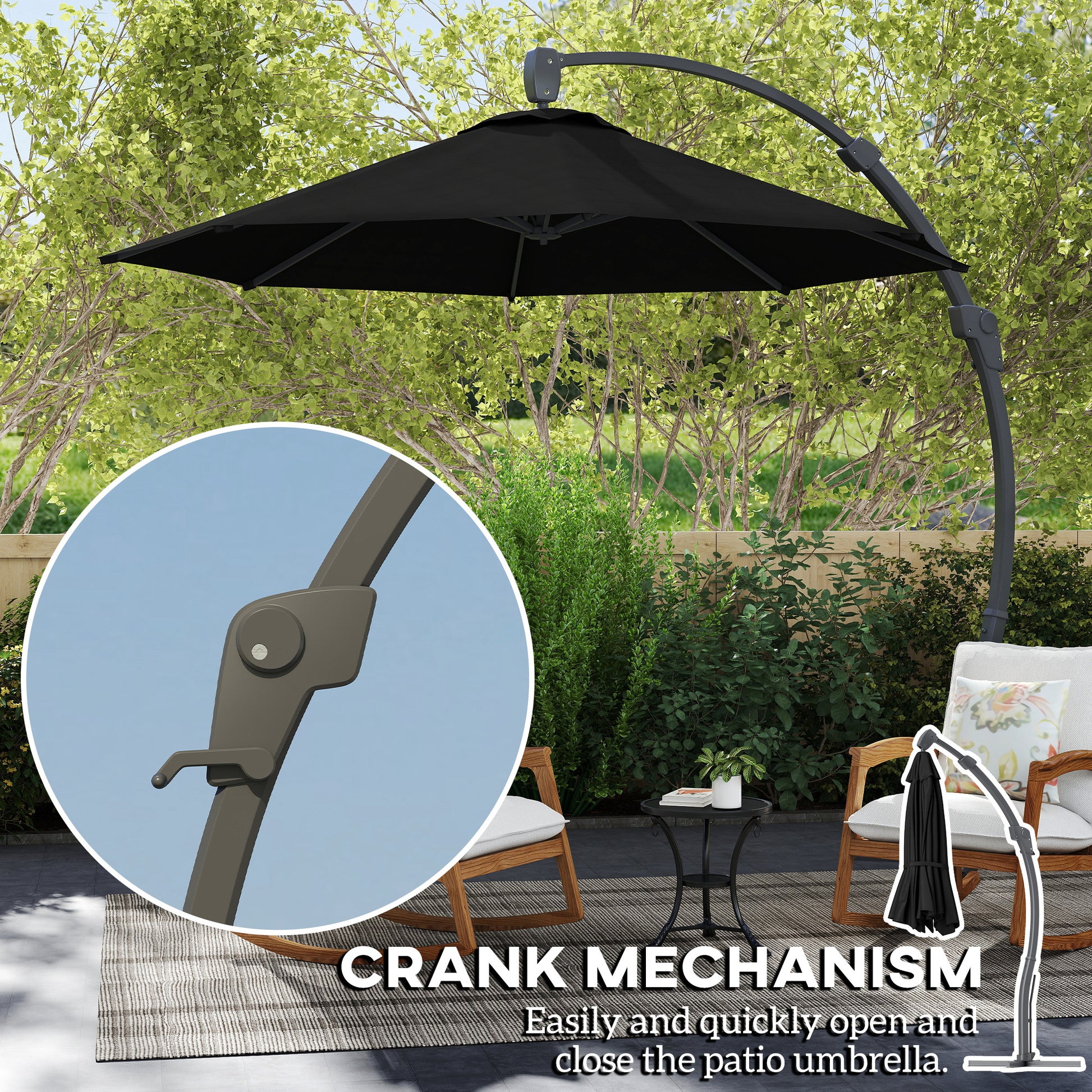 Outsunny 3(m) Garden Cantilever Parasol, Round Overhanging Umbrella with Crank Handle, Cross Base, Aluminium Frame and 360° Rotation, Banana Patio Umbrella for Outdoor Sun Shade, Black