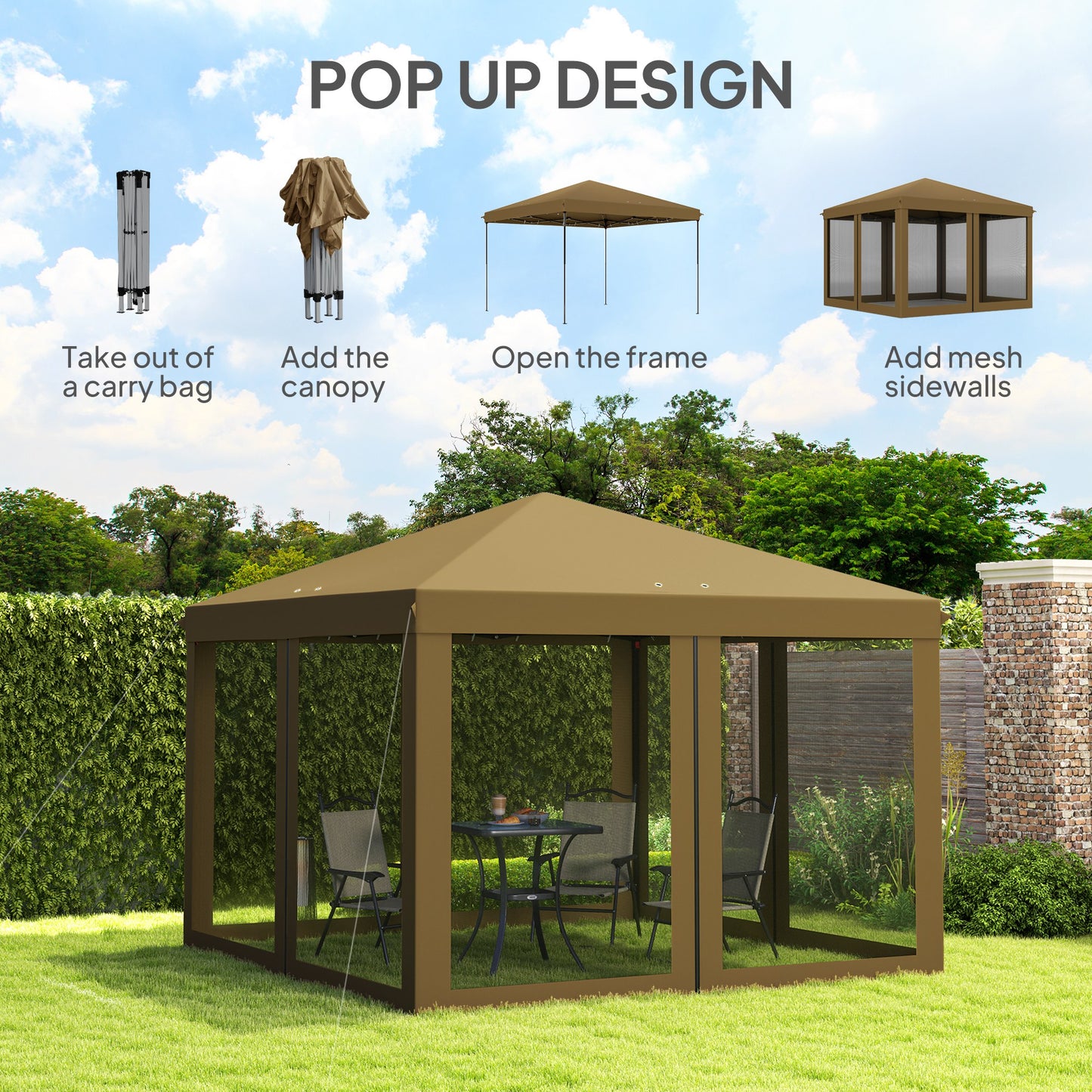 Outsunny 3 x 3 m Pop Up Gazebo, 420D Garden Tent Canopy with Removable Mesh Sidewall Netting, Carry Bag for Garden Patio Outdoor, Khaki