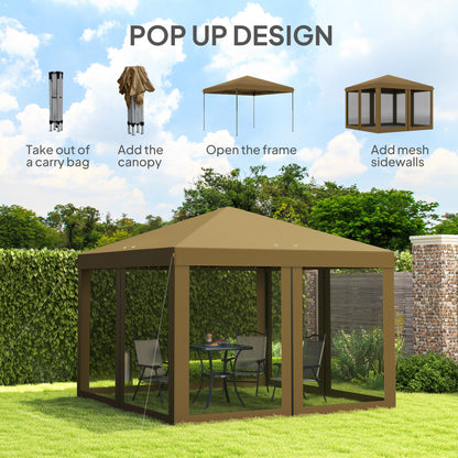 Outsunny 3 x 3 m Pop Up Gazebo, 420D Garden Tent Canopy with Removable Mesh Sidewall Netting, Carry Bag for Garden Patio Outdoor, Khaki
