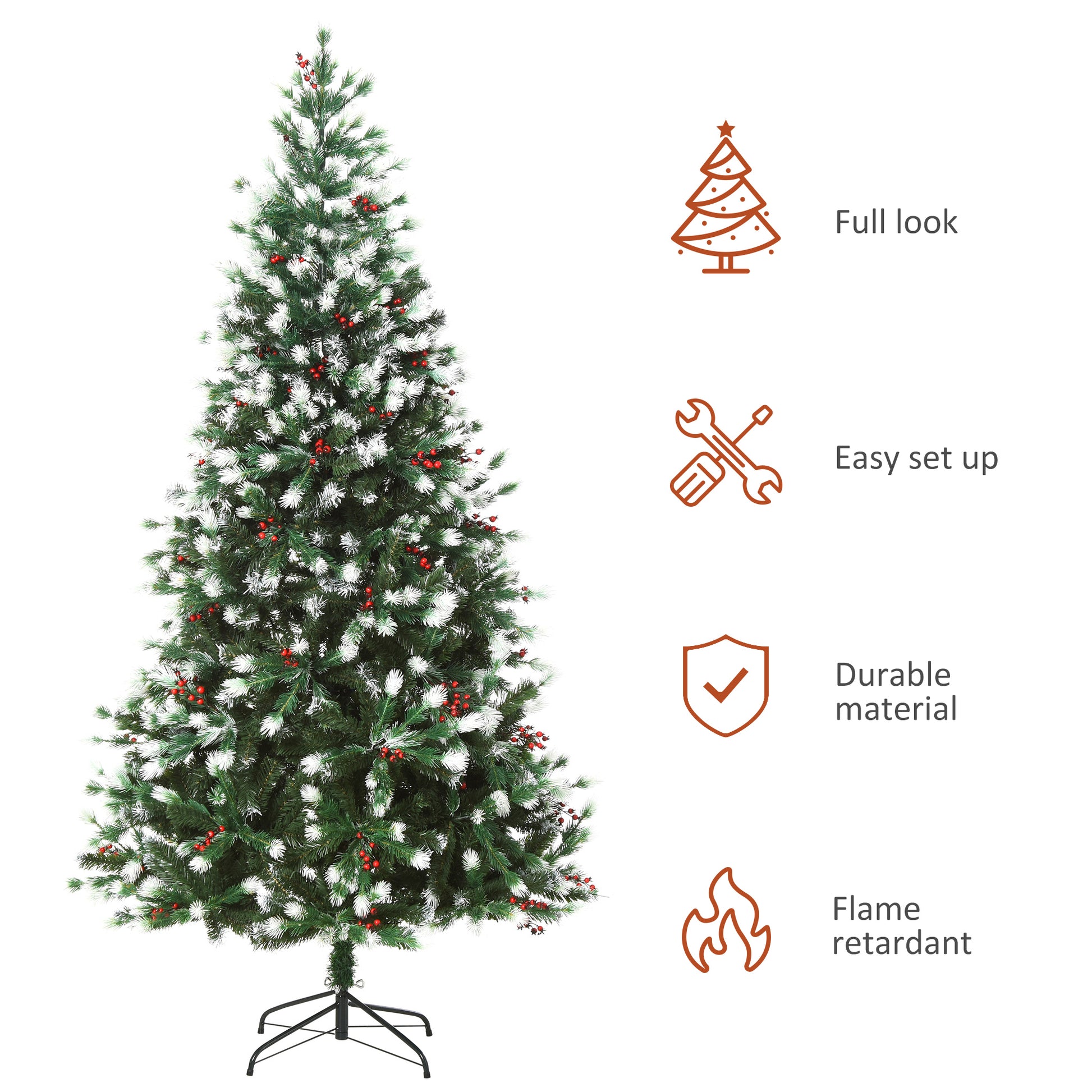 HOMCOM 6ft Artificial Snow-Flocked Pine Tree Holiday Home Christmas Decoration with Red Berries, Automatic Open - Green
