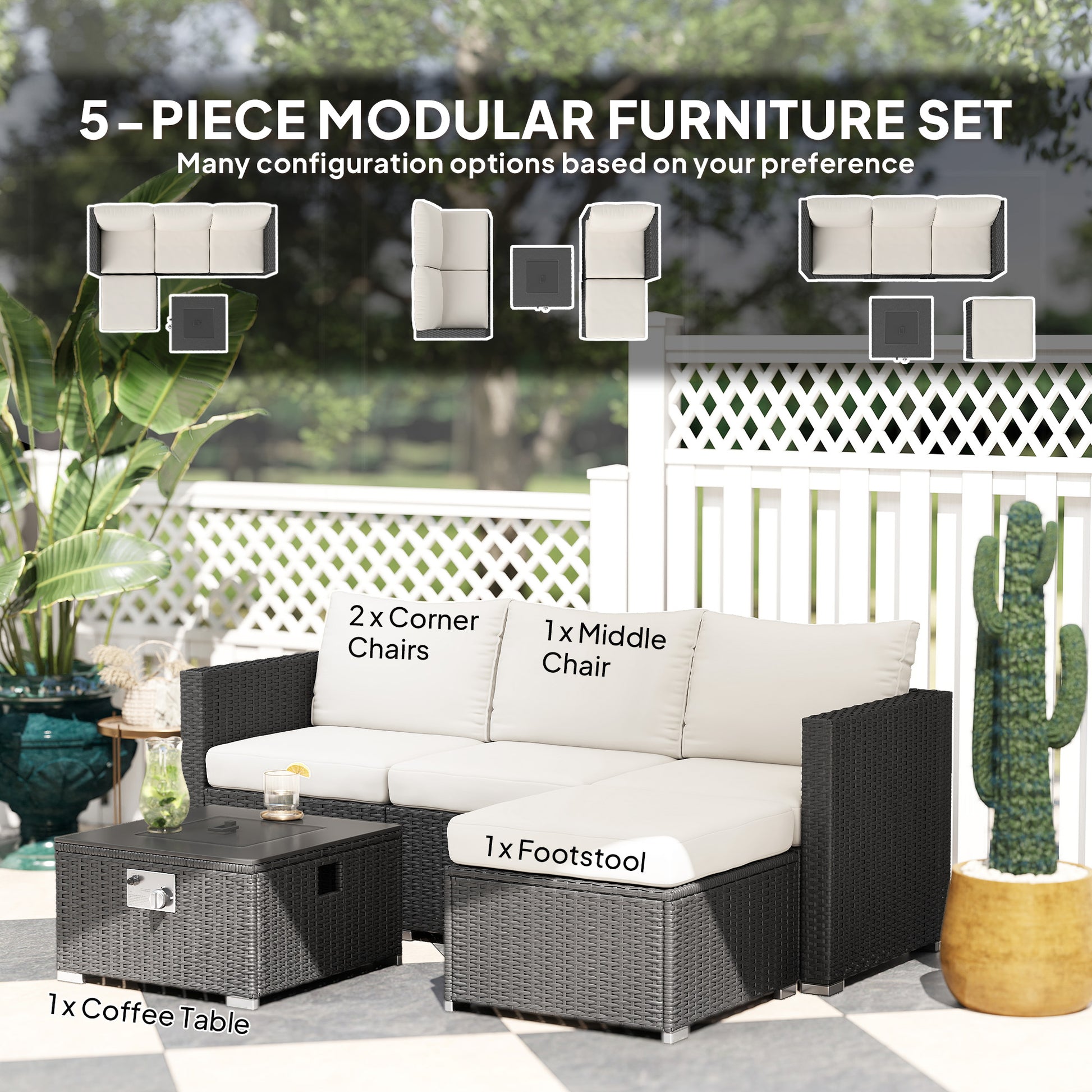Outsunny Five Piece Rattan Garden Furniture Set with Gas Fire Pit Table and Footstool - Black and Cream White